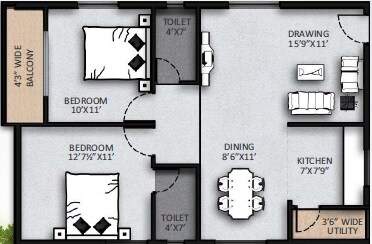 Floor plan of 2 BHK 1050 Sq. Ft. Apartment in Tranquillo Aura, Hyderabad