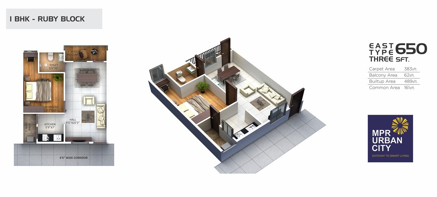 Floor plan of 1 BHK 383 Sq. Ft. Apartment in Transquillo MPR Urban City, Hyderabad