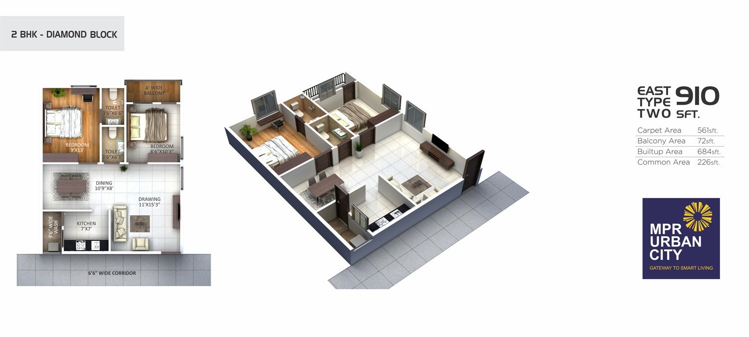 Floor plan of 2 BHK 561 Sq. Ft. Apartment in Transquillo MPR Urban City, Hyderabad