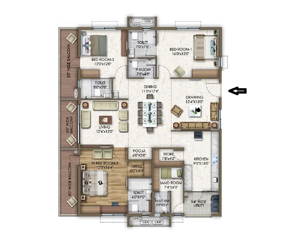 Floor plan of 3 BHK 2003 Sq. Ft. Apartment in Trendset Allure, Hyderabad