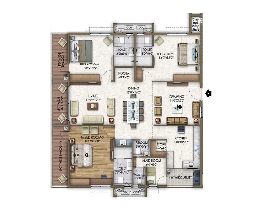 Floor plan of 3 BHK 2017 Sq. Ft. Apartment in Trendset Allure, Hyderabad