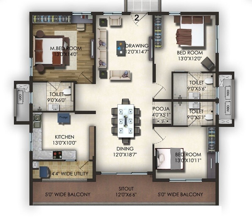 Floor plan of 3 BHK 2845 Sq. Ft. Apartment in Trendset Jayabheri Elevate, Hyderabad