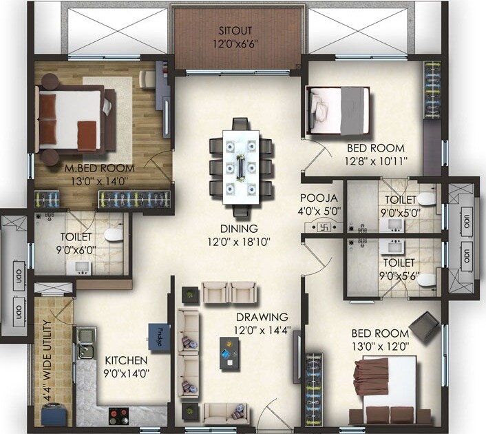 Floor plan of 3 BHK 1825 Sq. Ft. Apartment in Trendset Jayabheri Elevate, Hyderabad