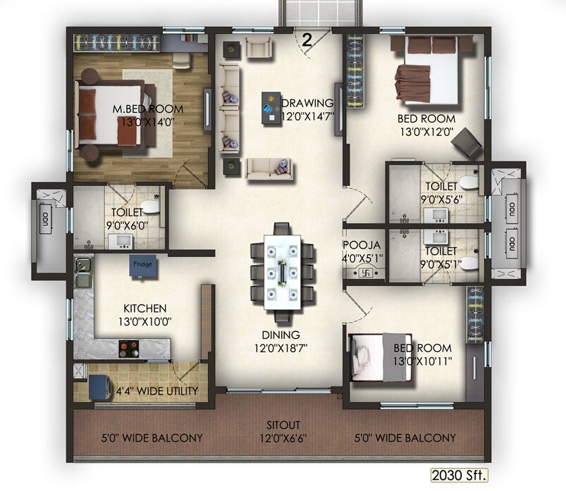 Floor plan of 3 BHK 2030 Sq. Ft. Apartment in Trendset Jayabheri Elevate, Hyderabad