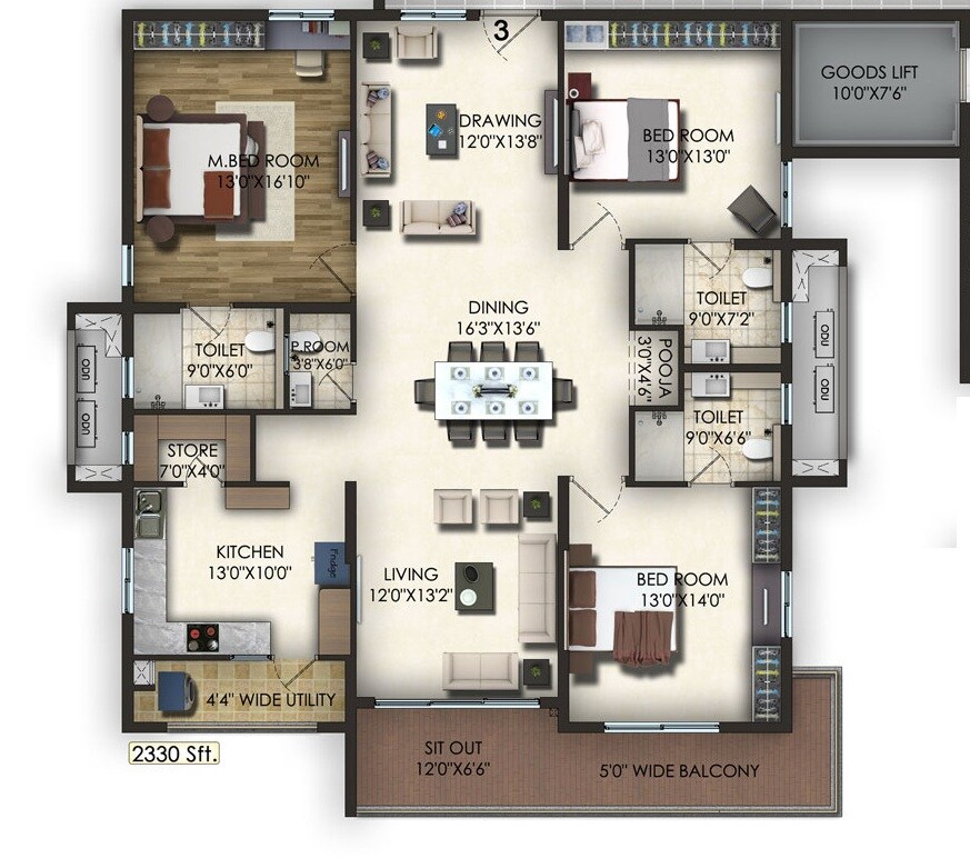 Floor plan of 3 BHK 2330 Sq. Ft. Apartment in Trendset Jayabheri Elevate, Hyderabad
