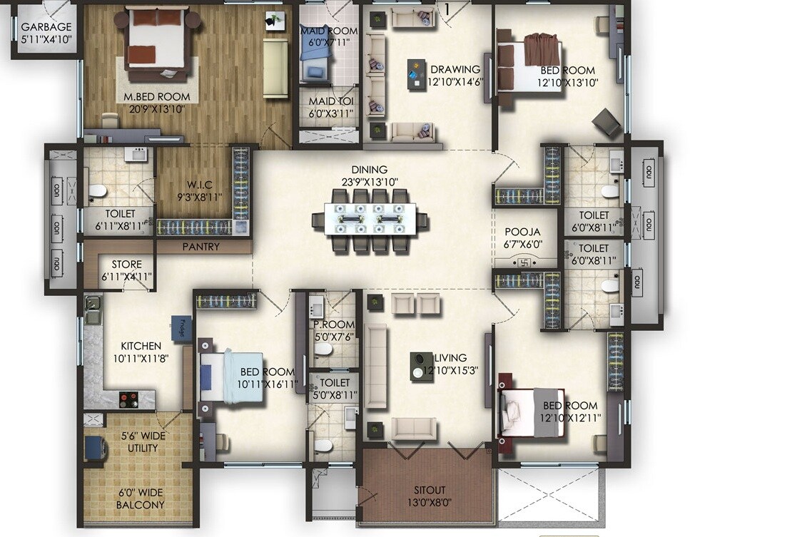 Floor plan of 4 BHK 3279 Sq. Ft. Apartment in Trendset Jayabheri Elevate, Hyderabad
