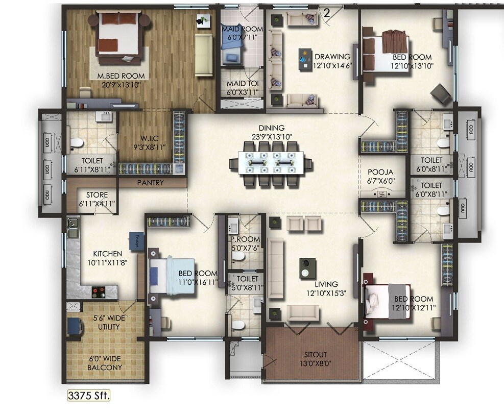 Floor plan of 4 BHK 3375 Sq. Ft. Apartment in Trendset Jayabheri Elevate, Hyderabad
