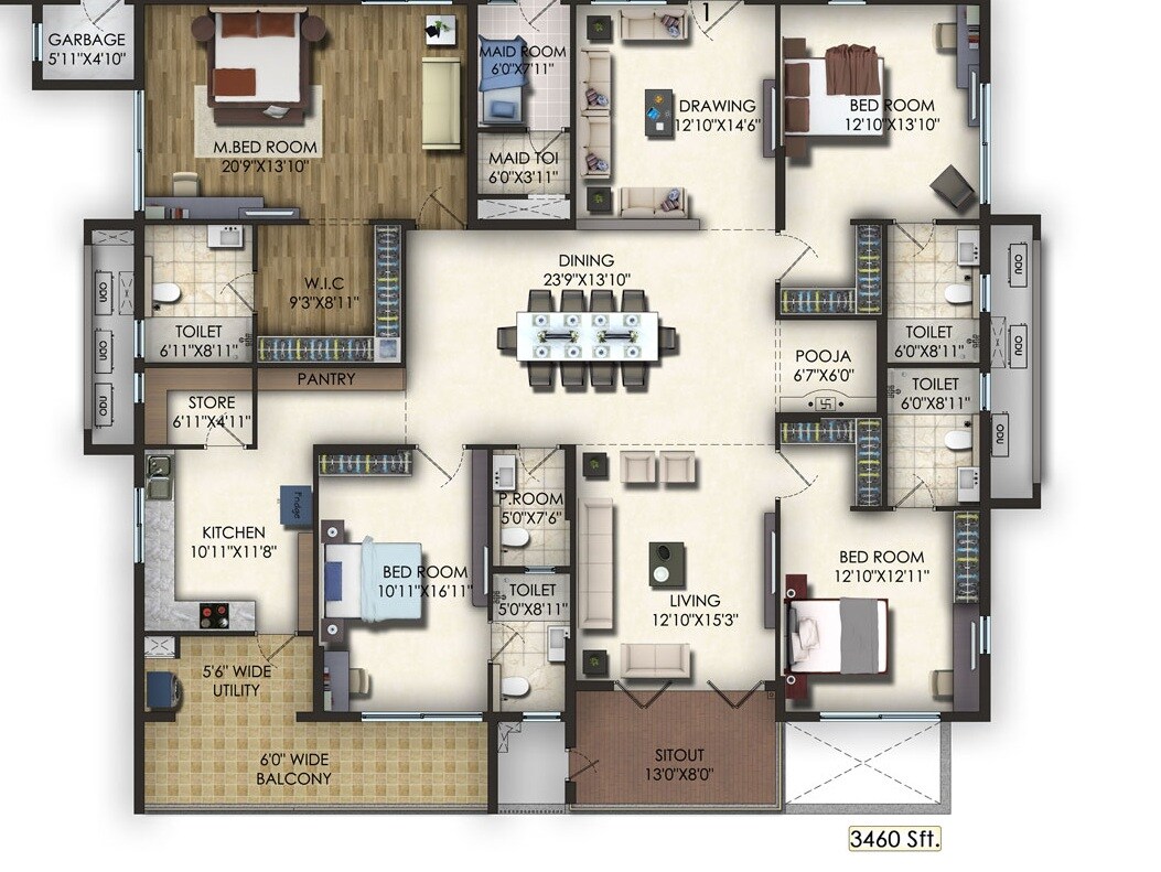 Floor plan of 4 BHK 3460 Sq. Ft. Apartment in Trendset Jayabheri Elevate, Hyderabad