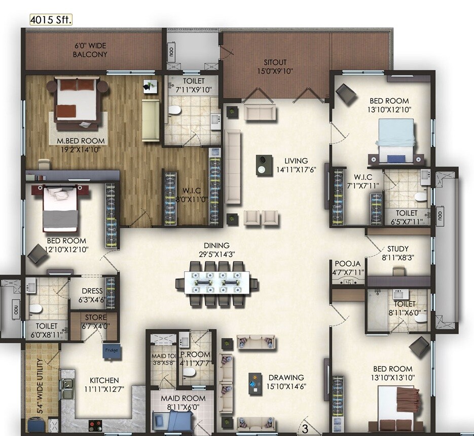 Floor plan of 4 BHK 4015 Sq. Ft. Apartment in Trendset Jayabheri Elevate, Hyderabad