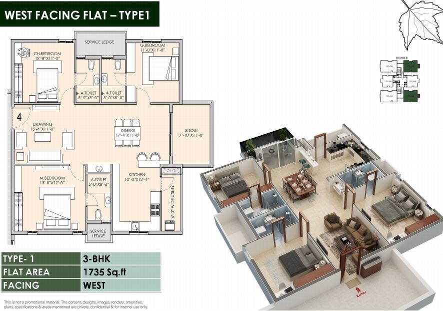 Floor plan of 3 BHK 1735 Sq. Ft. Apartment in Tribhuja Apartments, Hyderabad