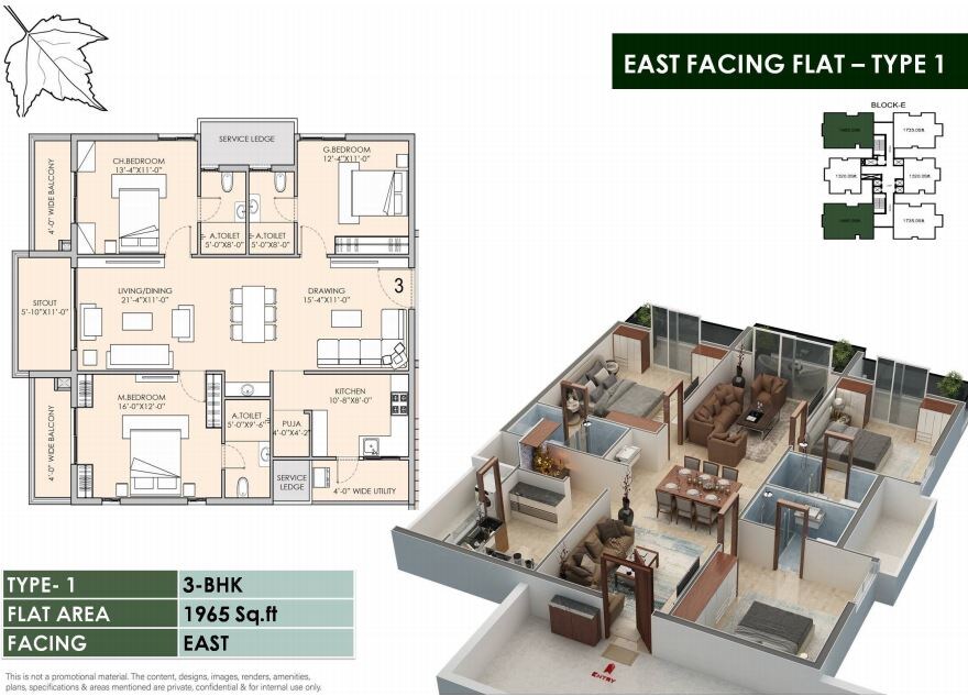 Floor plan of 3 BHK 1965 Sq. Ft. Apartment in Tribhuja Apartments, Hyderabad