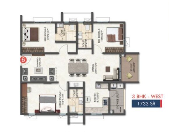 Floor plan of 3 BHK 1733 Sq. Ft. Apartment in Tridasa Rise, Hyderabad