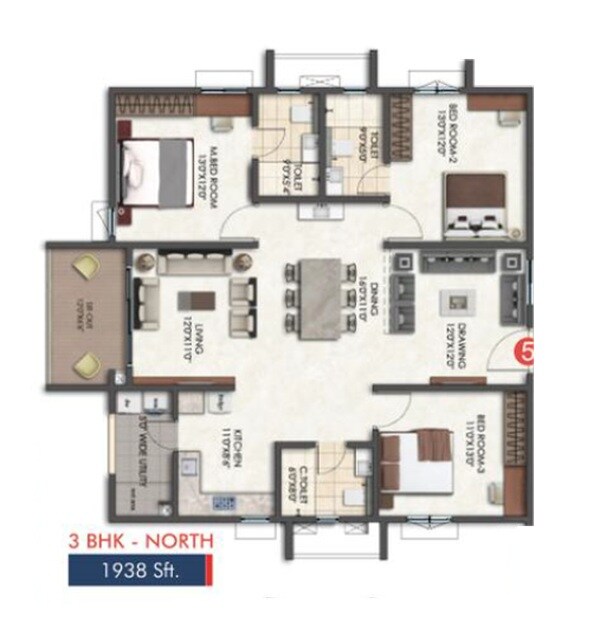 Floor plan of 3 BHK 1938 Sq. Ft. Apartment in Tridasa Rise, Hyderabad
