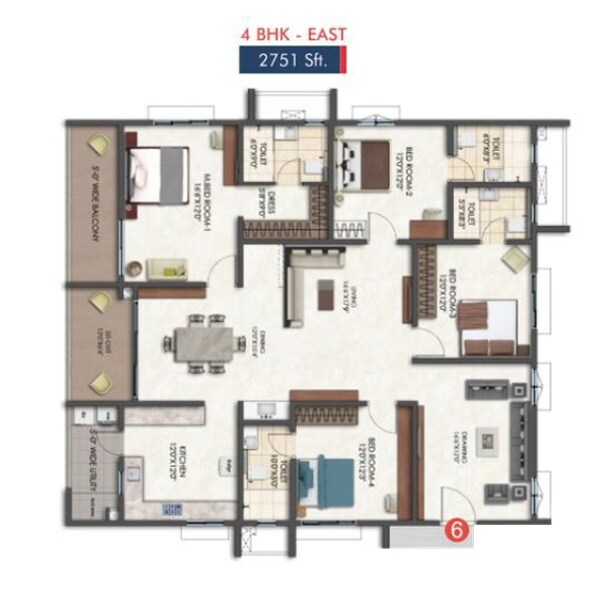 Floor plan of 4 BHK 2751 Sq. Ft. Apartment in Tridasa Rise, Hyderabad