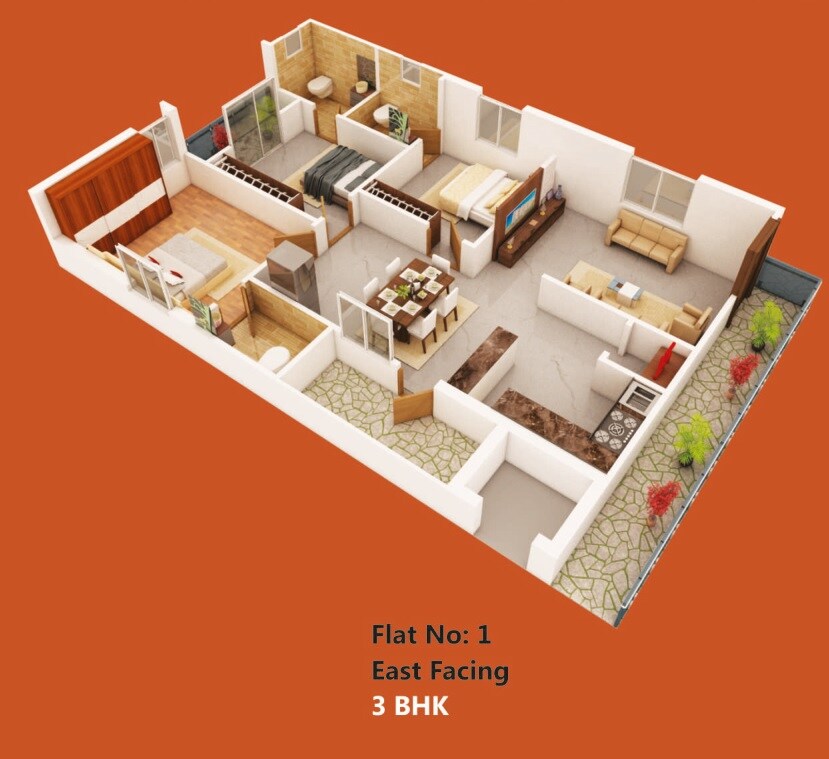 Floor plan of 3 BHK 1640 Sq. Ft. Apartment in Trio Padmavathi Blooms, Hyderabad