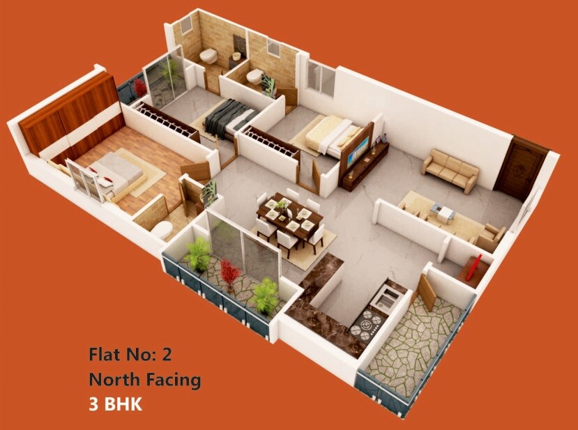 Floor plan of 3 BHK 1655 Sq. Ft. Apartment in Trio Padmavathi Blooms, Hyderabad