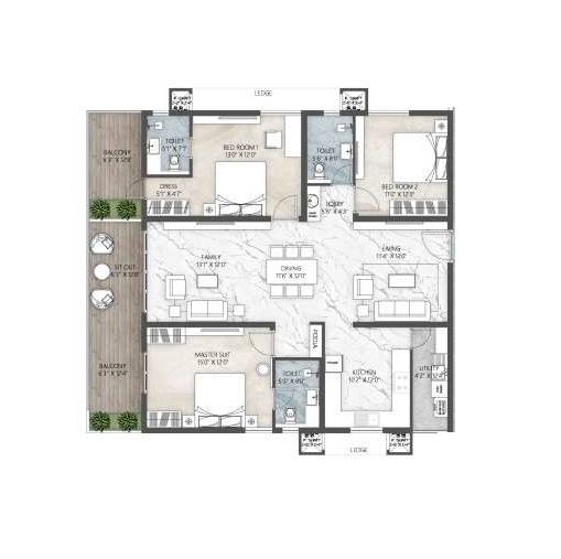 Floor plan of 3 BHK 2200 Sq. Ft. Apartment in Trishala Trilok, Hyderabad