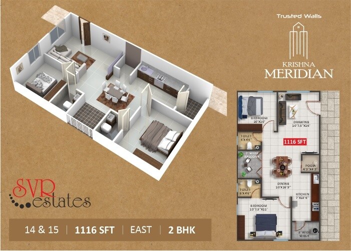 Floor plan of 2 BHK 1116 Sq. Ft. Apartment in Trusted Walls Krishna Meridian, Hyderabad