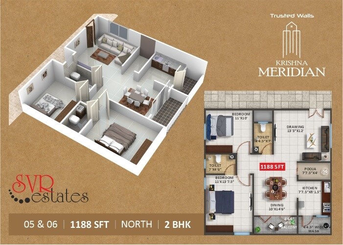 Floor plan of 2 BHK 1188 Sq. Ft. Apartment in Trusted Walls Krishna Meridian, Hyderabad