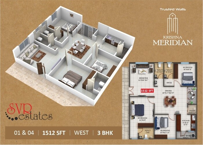 Floor plan of 3 BHK 1512 Sq. Ft. Apartment in Trusted Walls Krishna Meridian, Hyderabad