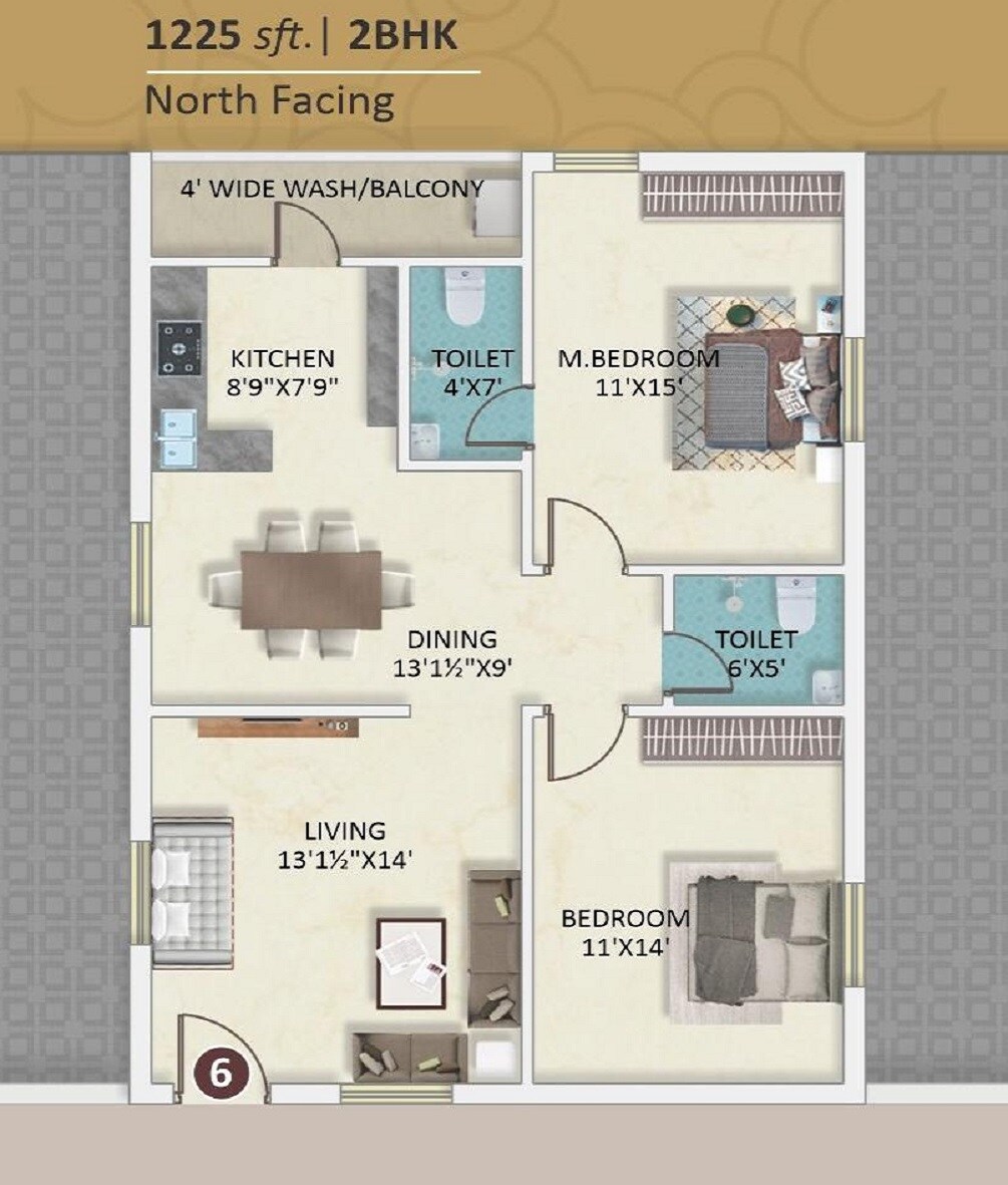 Floor plan of 2 BHK 1225 Sq. Ft. Apartment in TSP Nagadhara Grand, Hyderabad