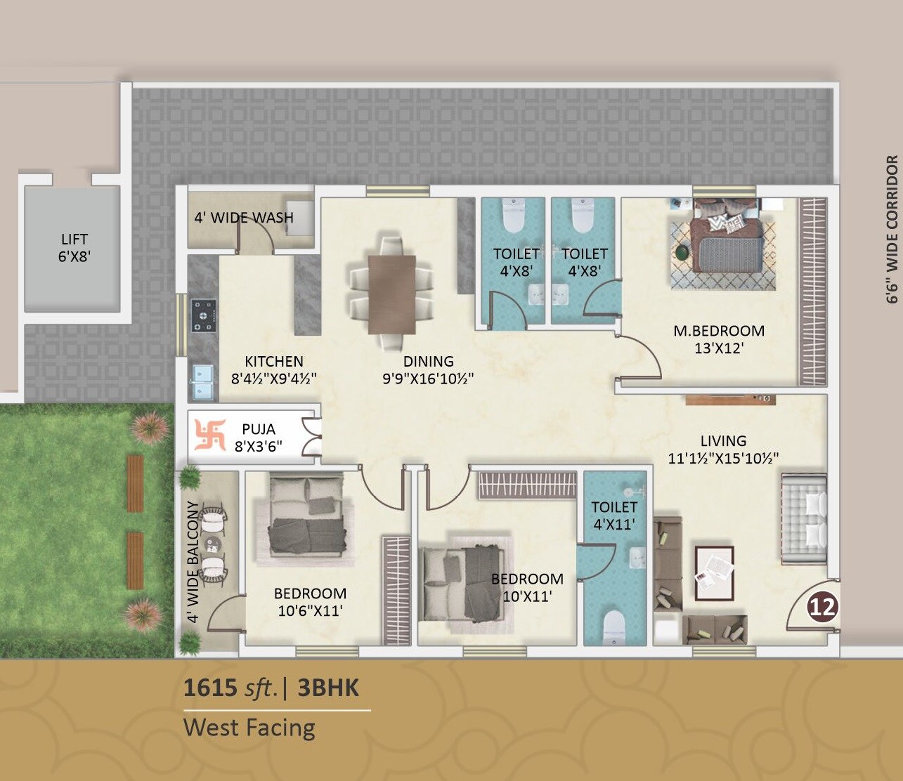 Floor plan of 3 BHK 1615 Sq. Ft. Apartment in TSP Nagadhara Grand, Hyderabad