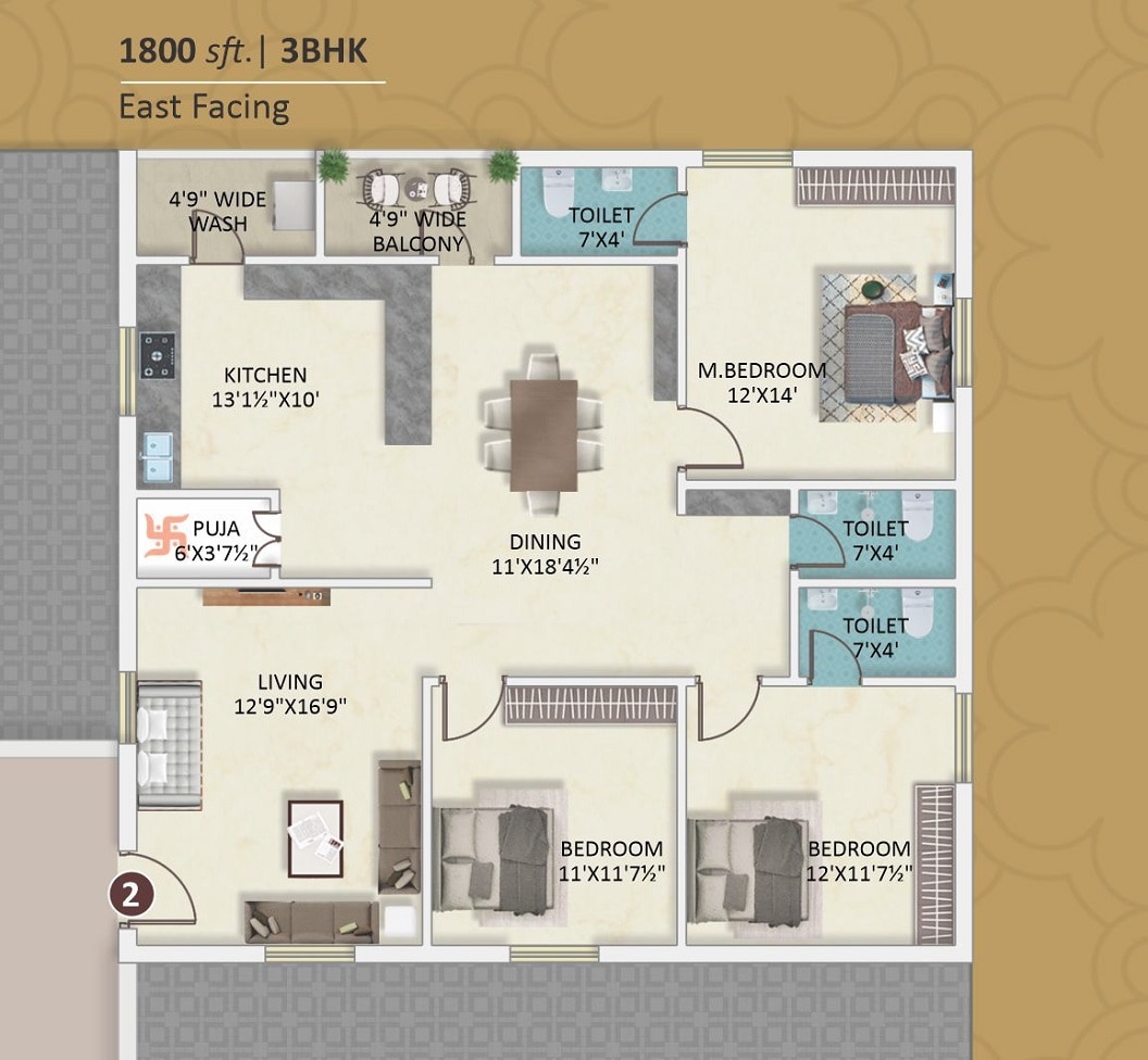 Floor plan of 3 BHK 1800 Sq. Ft. Apartment in TSP Nagadhara Grand, Hyderabad