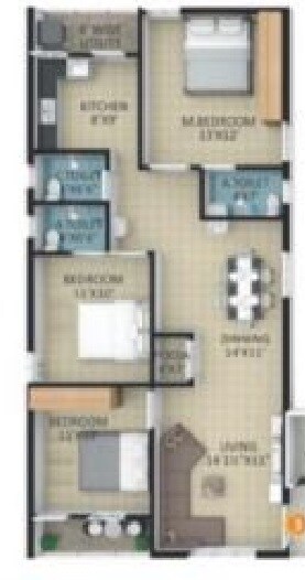 Floor plan of 3 BHK 1365 Sq. Ft. Apartment in Tulasi Lake Front, Hyderabad