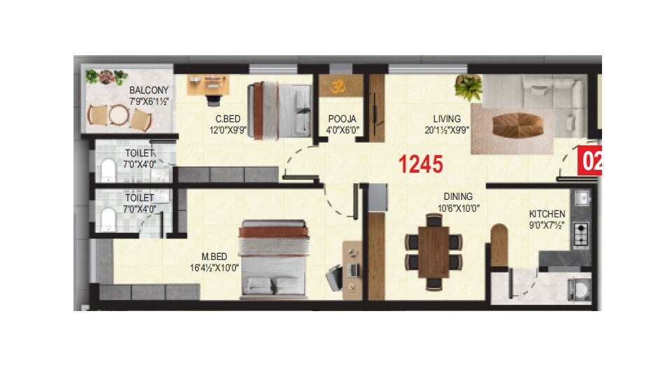 Floor plan of 2 BHK 1245 Sq. Ft. Apartment in Tumi Spire Raya, Hyderabad