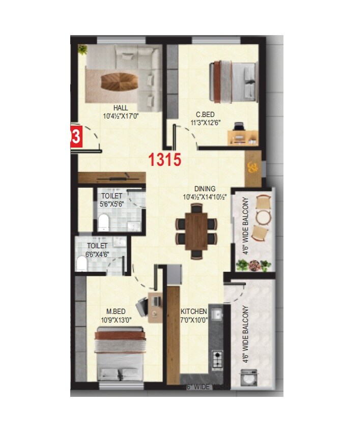 Floor plan of 2 BHK 1315 Sq. Ft. Apartment in Tumi Spire Raya, Hyderabad