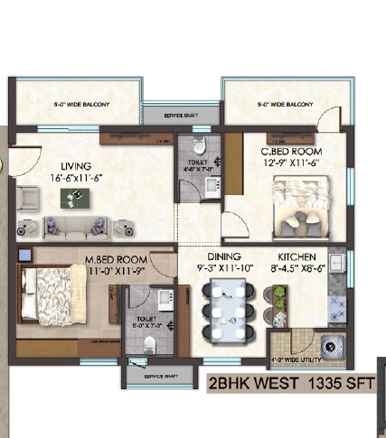 Floor plan of 2 BHK 1335 Sq. Ft. Apartment in Udaya Skyvert, Hyderabad