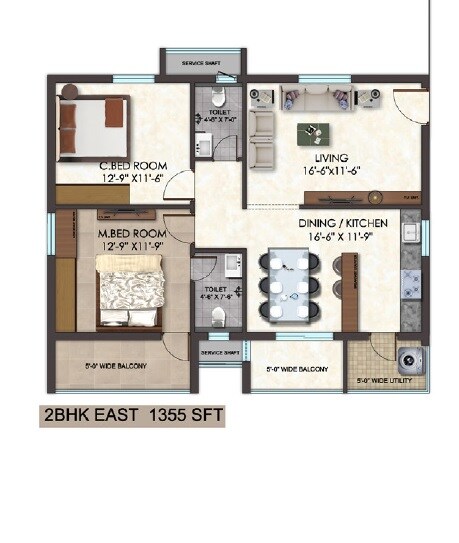 Floor plan of 2 BHK 1355 Sq. Ft. Apartment in Udaya Skyvert, Hyderabad