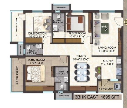 Floor plan of 3 BHK 1695 Sq. Ft. Apartment in Udaya Skyvert, Hyderabad
