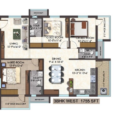 Floor plan of 3 BHK 1755 Sq. Ft. Apartment in Udaya Skyvert, Hyderabad