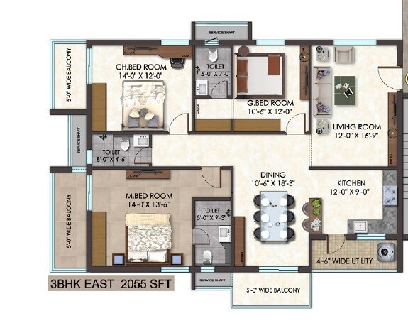 Floor plan of 3 BHK 2055 Sq. Ft. Apartment in Udaya Skyvert, Hyderabad