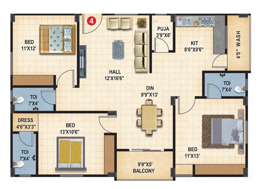 Floor plan of 2 BHK 1475 Sq. Ft. Apartment in Uma Bloom Park, Hyderabad
