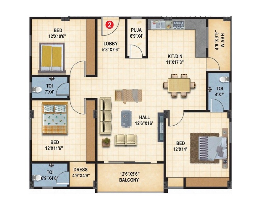 Floor plan of 3 BHK 1600 Sq. Ft. Apartment in Uma Bloom Park, Hyderabad