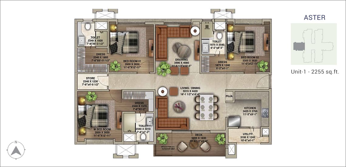 Floor plan of 3 BHK 2255 Sq. Ft. Apartment in Universal Botanika Tower A And B, Hyderabad