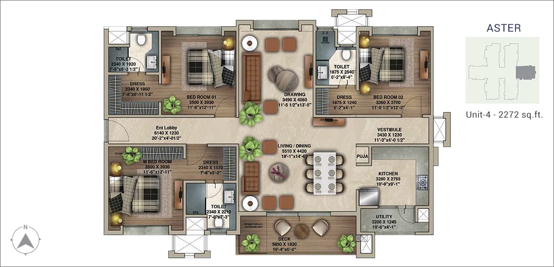 Floor plan of 3 BHK 2272 Sq. Ft. Apartment in Universal Botanika Tower A And B, Hyderabad