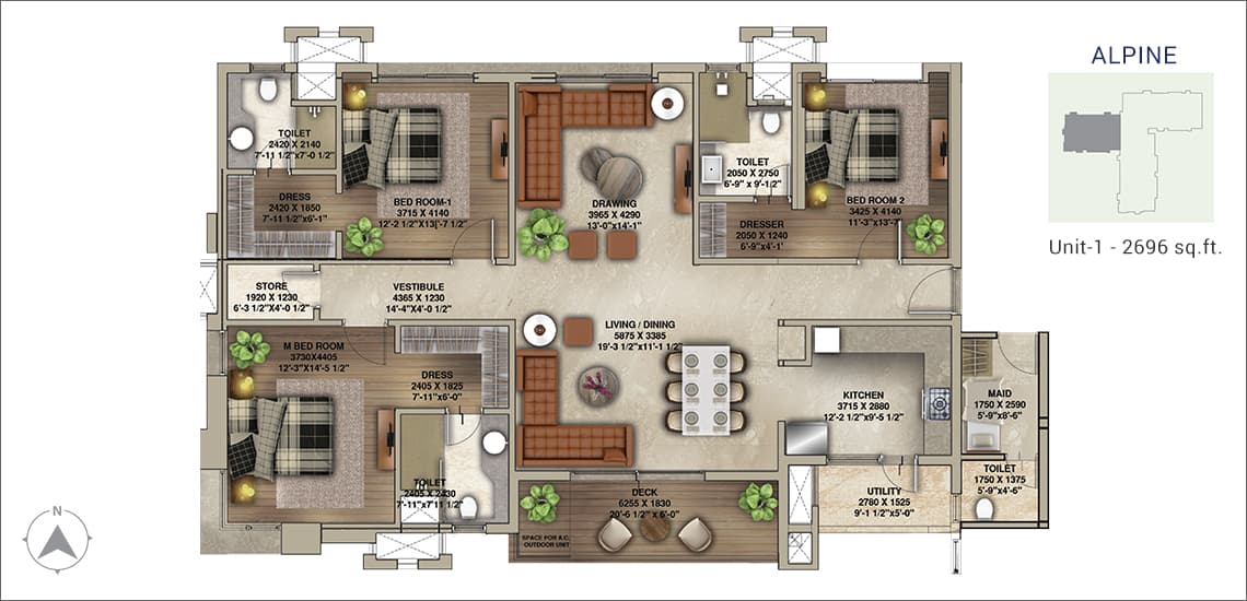 Floor plan of 3 BHK 2696 Sq. Ft. Apartment in Universal Botanika Tower A And B, Hyderabad