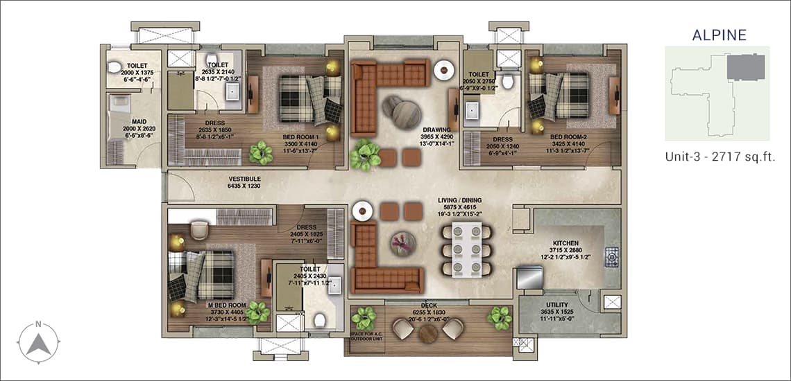 Floor plan of 3 BHK 2717 Sq. Ft. Apartment in Universal Botanika Tower A And B, Hyderabad