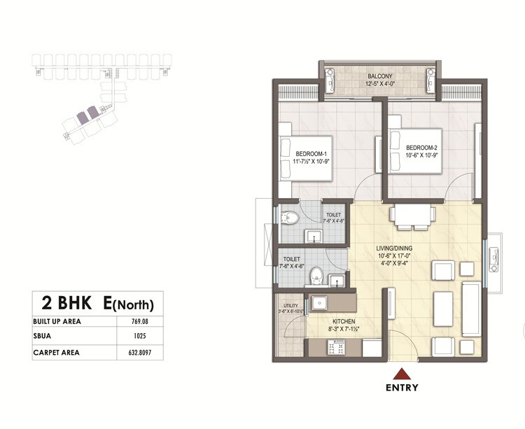 Floor plan of 2 BHK 1025 Sq. Ft. Apartment in Unnati Shreerath, Hyderabad