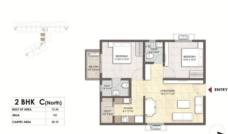 Floor plan of 2 BHK 955 Sq. Ft. Apartment in Unnati Shreerath, Hyderabad