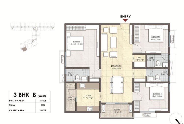 Floor plan of 3 BHK 1565 Sq. Ft. Apartment in Unnati Shreerath, Hyderabad