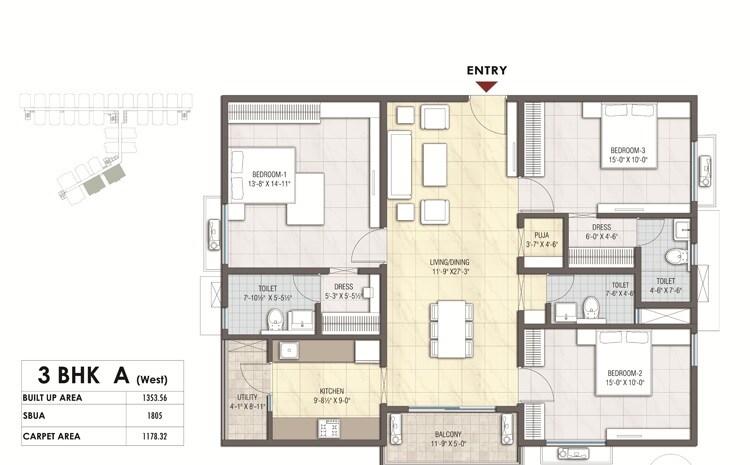 Floor plan of 3 BHK 1805 Sq. Ft. Apartment in Unnati Shreerath, Hyderabad