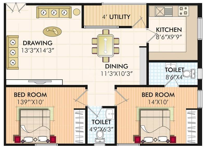 Floor plan of 2 BHK 1100 Sq. Ft. Apartment in Uppalapati Surya Classic, Hyderabad
