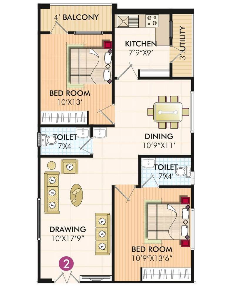 Floor plan of 2 BHK 990 Sq. Ft. Apartment in Uppalapati Surya Classic, Hyderabad
