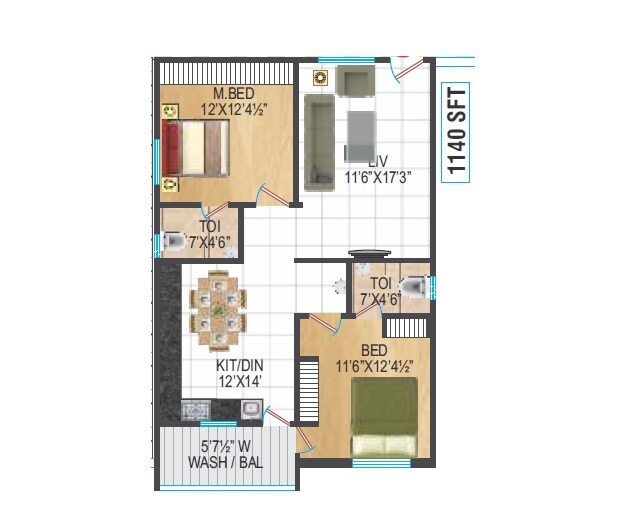 Floor plan of 2 BHK 1140 Sq. Ft. Apartment in Urban Scape USD Arcade, Hyderabad