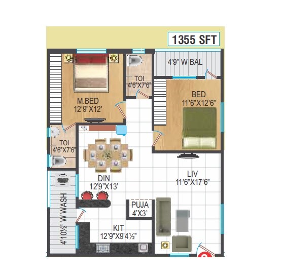 Floor plan of 2 BHK 1355 Sq. Ft. Apartment in Urban Scape USD Arcade, Hyderabad