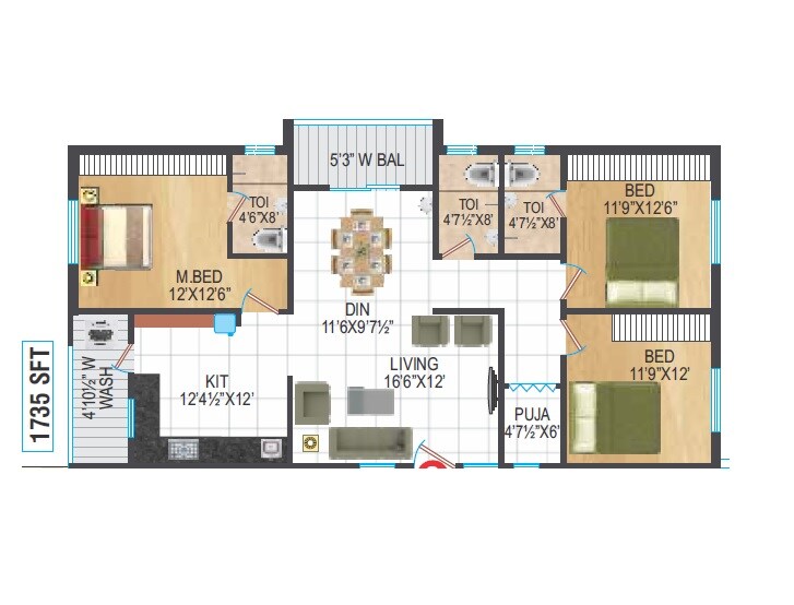 Floor plan of 3 BHK 1735 Sq. Ft. Apartment in Urban Scape USD Arcade, Hyderabad